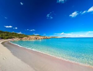Areal drone view of Arenal de Son Saura beach at Menorca island, Spain