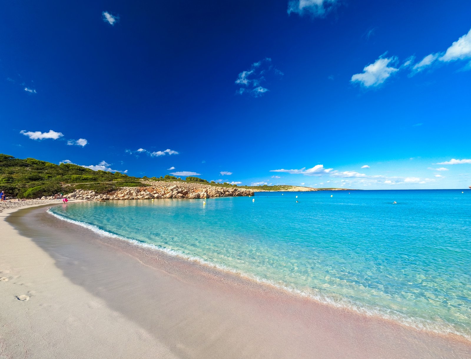 Areal drone view of Arenal de Son Saura beach at Menorca island, Spain